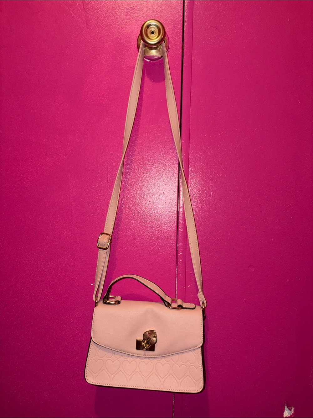 Women’s Pink Heart-Embossed Crossbody Bag with Top Handle